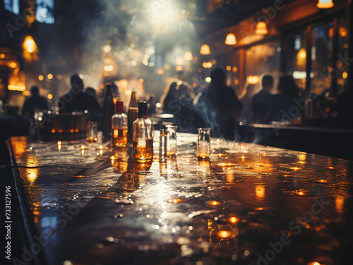 Abstract blurred background modern night disco club dynamic light lezers and smoke bokeh 3d stylization calligraphy street art on wall. Bar counter with stools in empty restaurant at night