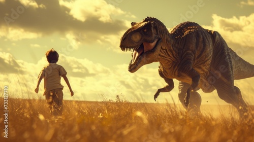 An image showing a boy and a Tyrannosaurus Rex running together on a plain in grassland © เลิศลักษณ์ ทิพชัย