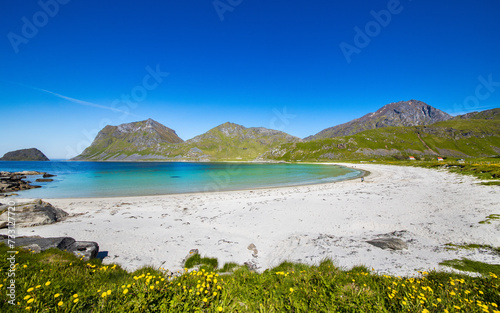 The beautiful Vik beach bay at Lofoten Islands, Haukland in Norway. Incredible beautiful spot with sandy beach and beautiful mountain landscape. Famous tourist spot during summer.