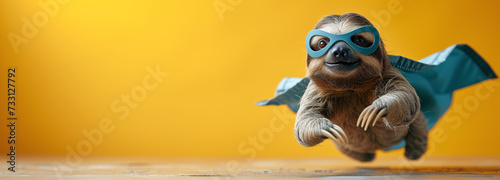 Sloth in superhero costume, blue cape, yellow background
