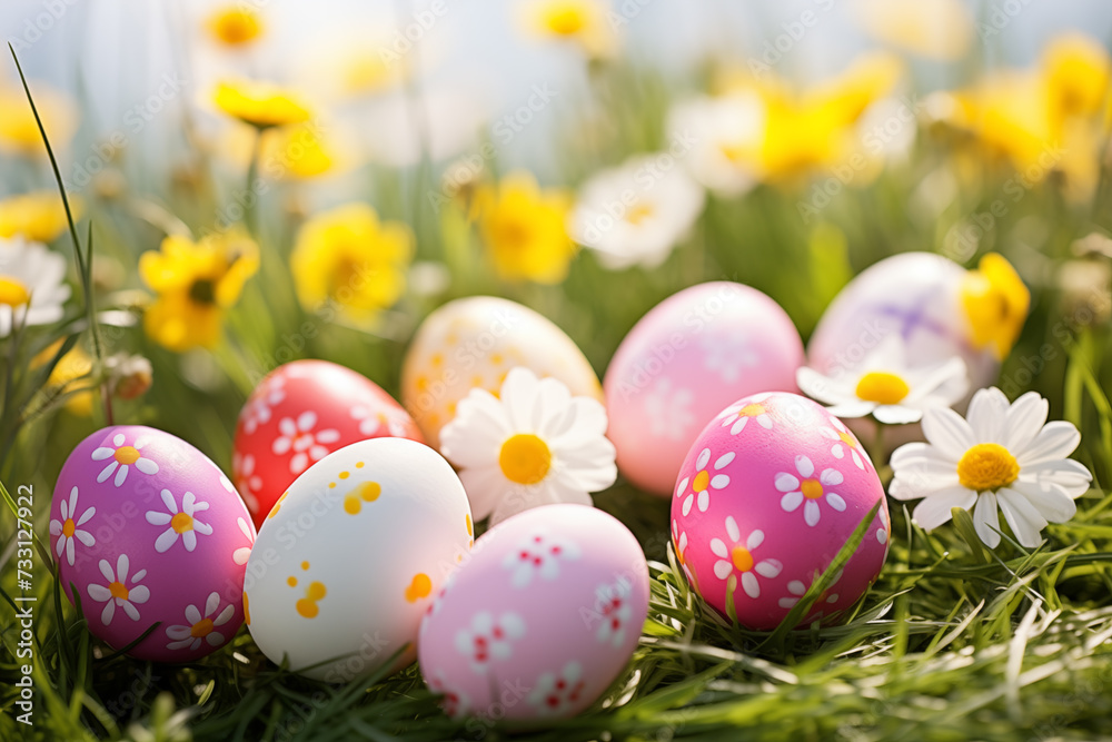 Spring flowers, Happy Easter background. Colorful Easter eggs on grass Spring flowers, Happy Easter background. Colorful Easter eggs on grass