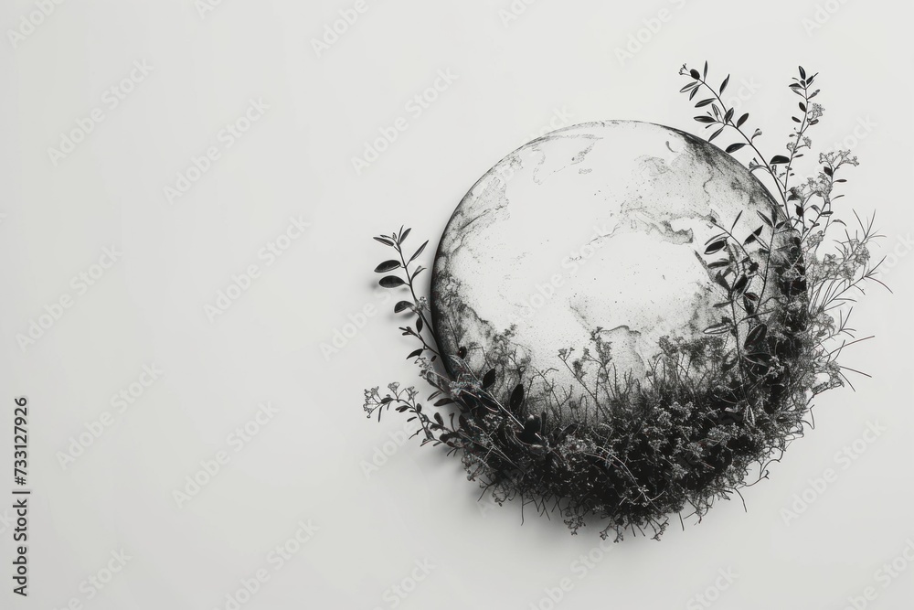 A black and white globe shape with plants growing on the outer edge flat illustration art with a white background A black and white globe shape with plants growing on the outer edge flat illustration art with a white background