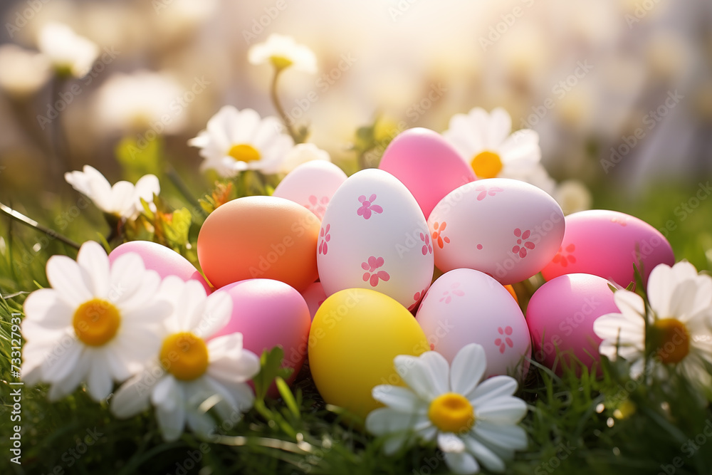 Spring flowers, Happy Easter background. Colorful Easter eggs on grass Spring flowers, Happy Easter background. Colorful Easter eggs on grass