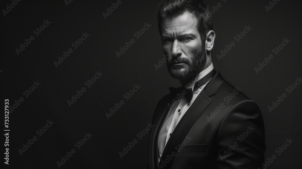 Stylish Man in Black Tuxedo Against Dark Background AI Generated.