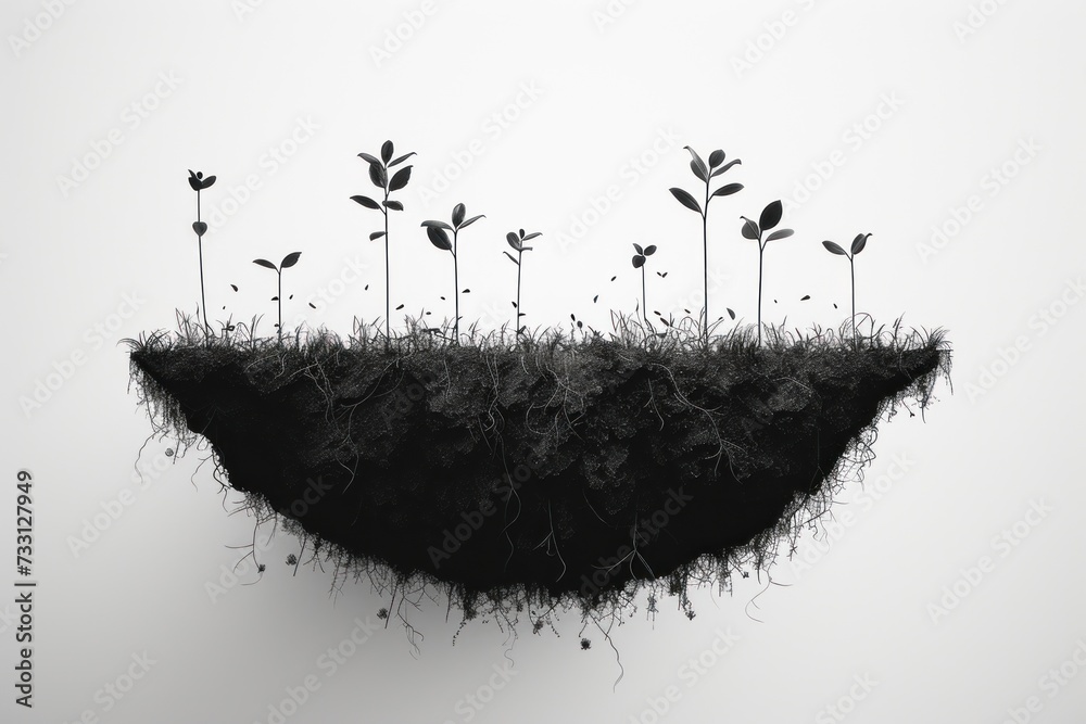 A black and white globe shape with plants growing on the outer edge flat illustration art with a white background A black and white globe shape with plants growing on the outer edge flat illustration art with a white background