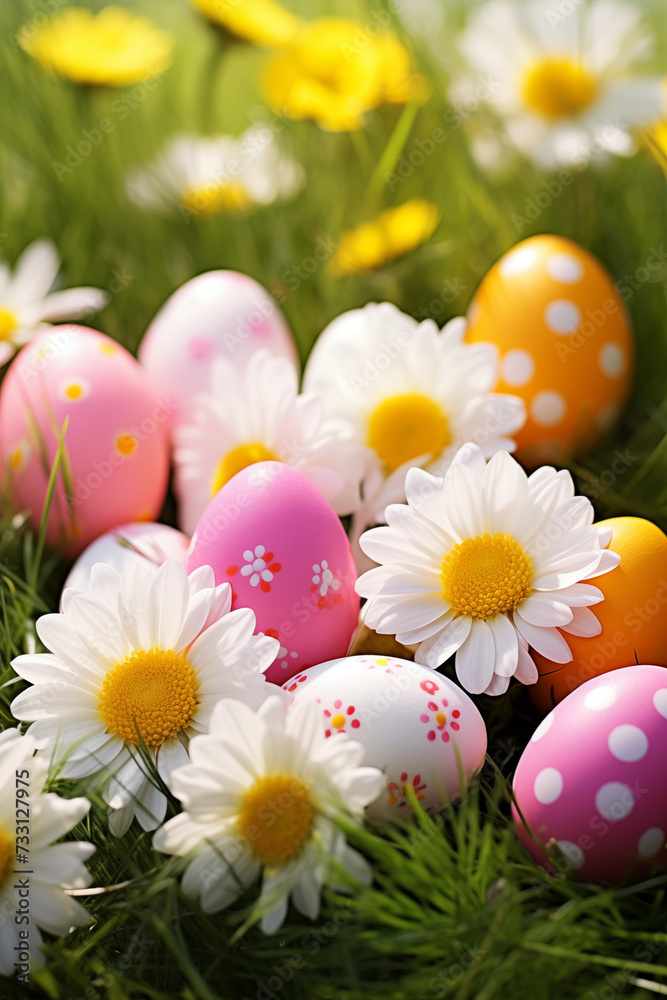 Spring flowers, Happy Easter background. Colorful Easter eggs on grass