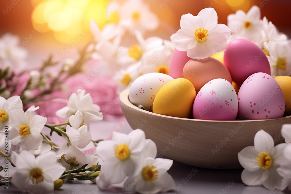 Spring flowers, Happy Easter background. Colorful Easter eggs on grass