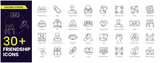 Friendship Stroke icon set. Containing friends, group of friend, socialize, friendly, cheers, trust, support and best friends icons.Editable Outline icon collection. Vector illustration.