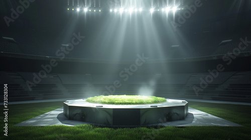podium in the center of a stadium, surrounded by rows of empty seats and light flashes. The podium is simple and perfect to show your product, the playground of grass inside the soccer football.