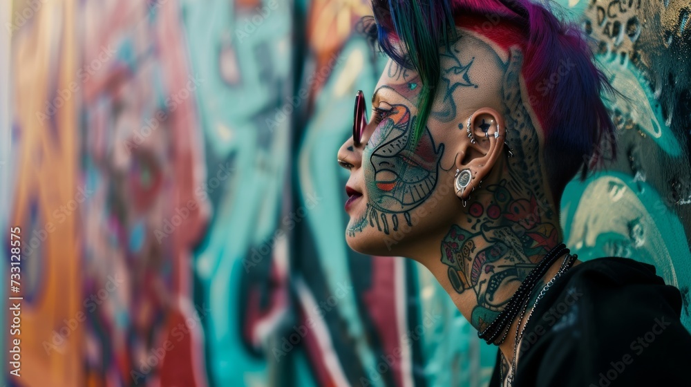 Expressing Unique Style - Colorful Face Tattoos Against Graffiti Wall AI Generated