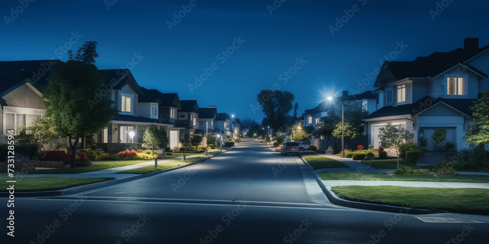 Wide road of residential neigh borhood at night with homes background