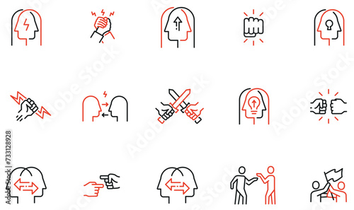 Vector Set of Linear Icons Related to Conflict and Disagreement, Competition and Confrontation. Mono line pictograms and infographics design elements