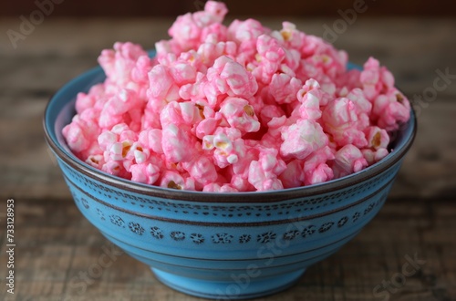 A bowl with a blue pattern is filled with pink-colored popcorn, placed on a wooden surface