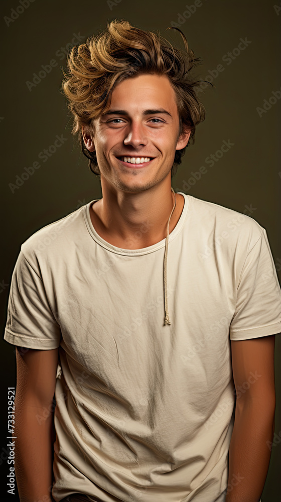 Naklejka premium Young man exudes pure joy as he dons brilliant smile, embodying transformative experience