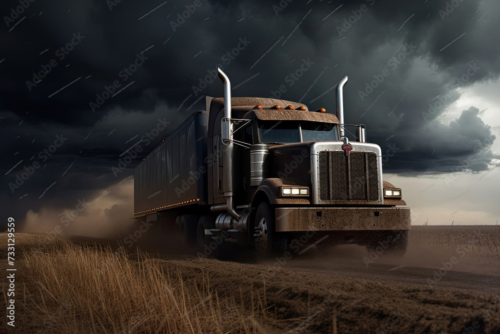 Massive truck effortlessly maneuvers down rugged dirt road, surrounded by untouched beauty of nature, under brooding cloudy sky. - obrazy, fototapety, plakaty 
