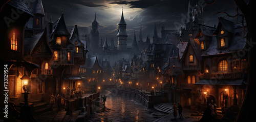 Enchanting beauty of medieval city at night  illuminated by the soft glow of moon and street lights