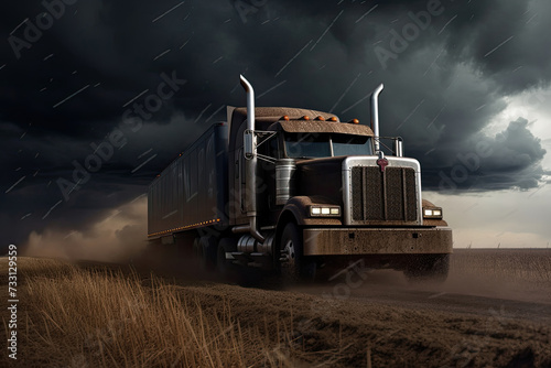 Massive truck effortlessly maneuvers down rugged dirt road, surrounded by untouched beauty of nature, under brooding cloudy sky. photo