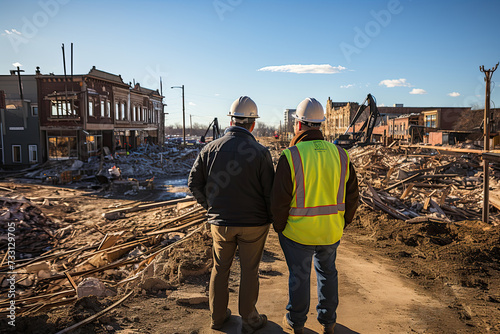 Two construction professionals are standing amidst the debris of a disaster-struck area, evaluating the progress of recovery operations as the day nears its end photo