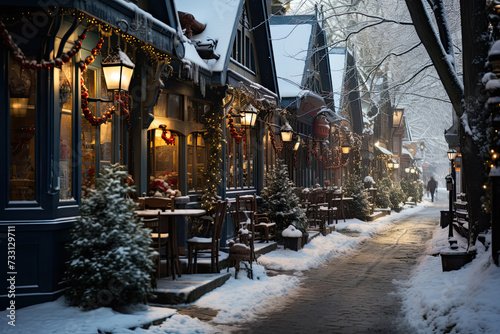 Picturesque snowy street adorned with tables and chairs, inviting passersby to enjoy the frosty beauty whilst savoring hot drinks