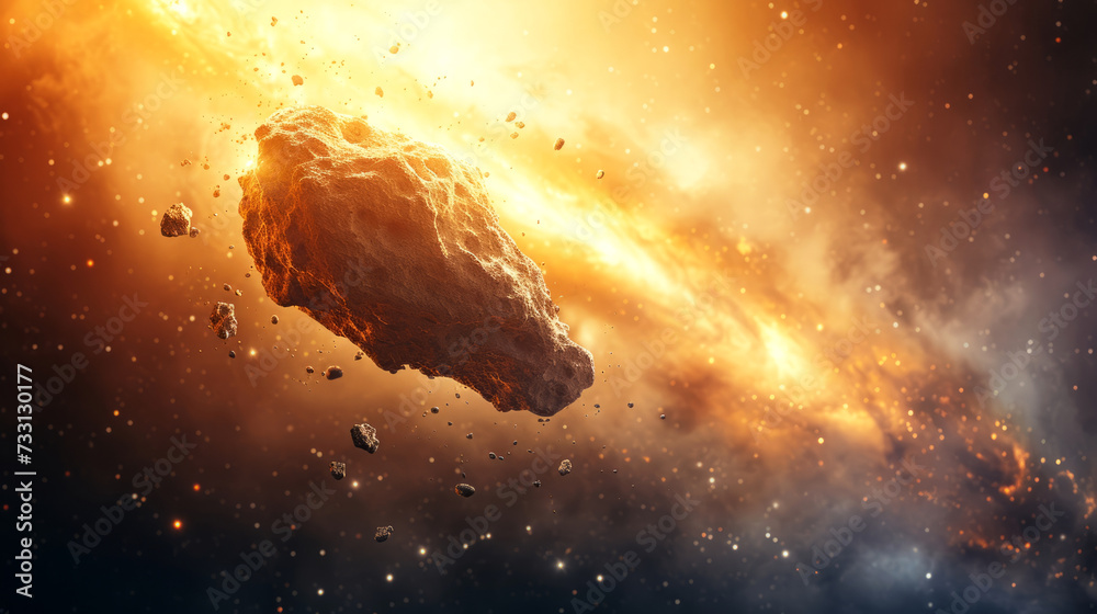 A concept of space mining: research into extracting resources from asteroids and other celestial bodies in outer space, a danger of a large asteroid flying in space, surrounded by debris - obrazy, fototapety, plakaty 