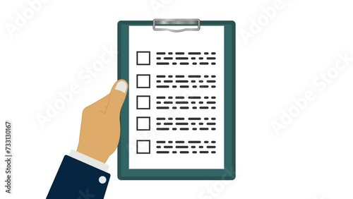 animated hand holding clipboard with pen and fills out checklist with green check mark. video animation isolated on alpha channel background.