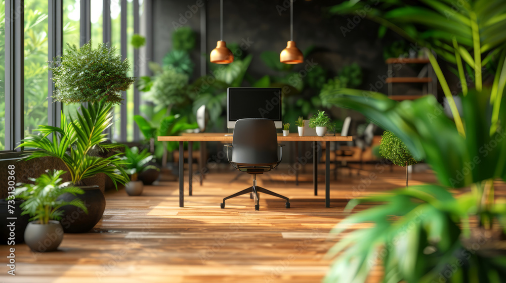 Eco design, biophilic interior office, and serene ambiance make this workspace ideal for focus and creativity. The modern office space with lush green plants and natural light from expansive windows