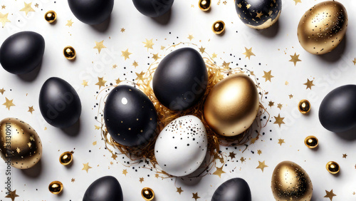Stylish golden and black eggs easter concept. golden confetti white background. Flat lay trendy easter. Happy easter card.