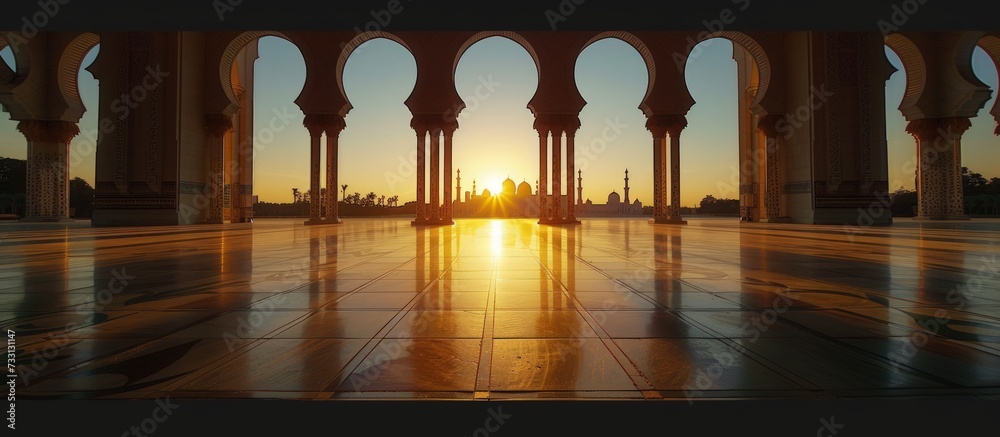 Beautiful view reflective tiles at mosque entrance at sunrise background landscape. Generated AI - obrazy, fototapety, plakaty 