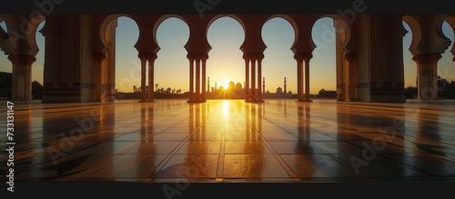 Beautiful view reflective tiles at mosque entrance at sunrise background landscape. Generated AI photo