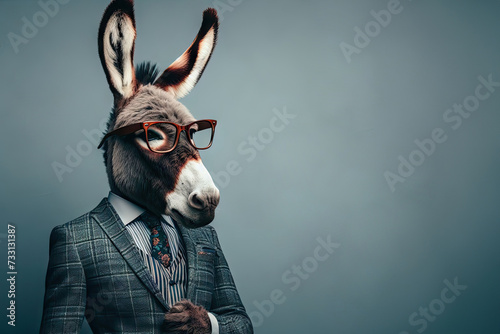 stylish portrait dressed up imposing anthropomorphic donkey wearing glasses and suit on background with copy space. photo