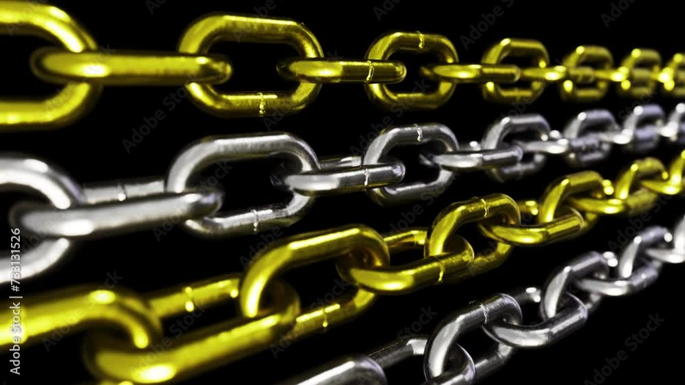 Realistic looping 3D animation of the opposite moving stainless steel and gold chains rendered in UHD with alpha matte Realistic looping 3D animation of the opposite moving stainless steel and gold chains rendered in UHD with alpha matte