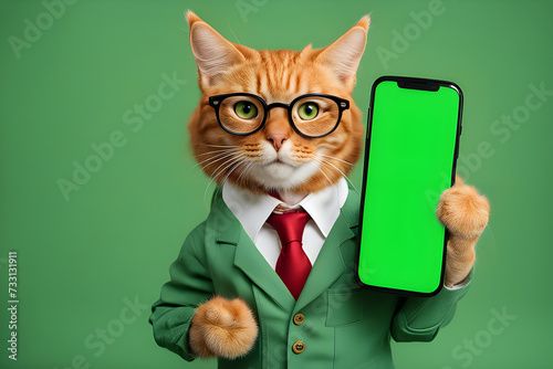 Portrait of a dressed cat with a smartphone with a green screen on a green background. Playground AI platform.