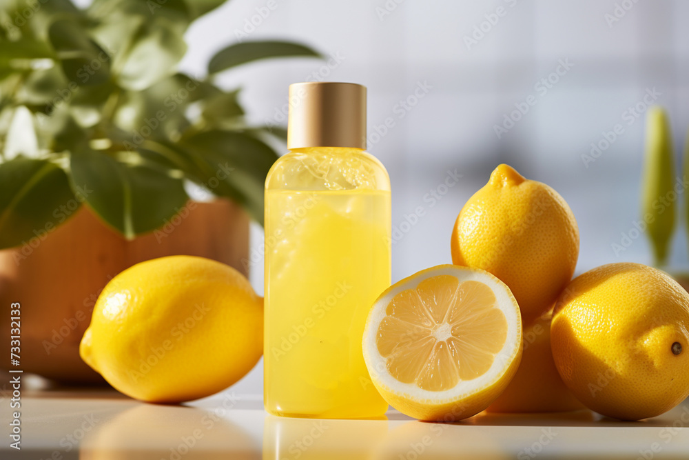 A cosmetic bottle product for skin care mockup. Natural ingredients, lemon. natural cosmetics. AI A cosmetic bottle product for skin care mockup. Natural ingredients, lemon. natural cosmetics. AI