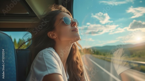Woman on Bus Journey Gazing at Scenic Landscape