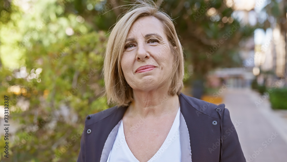 A mature blonde woman in a suit smirks outdoors in a lush garden setting.