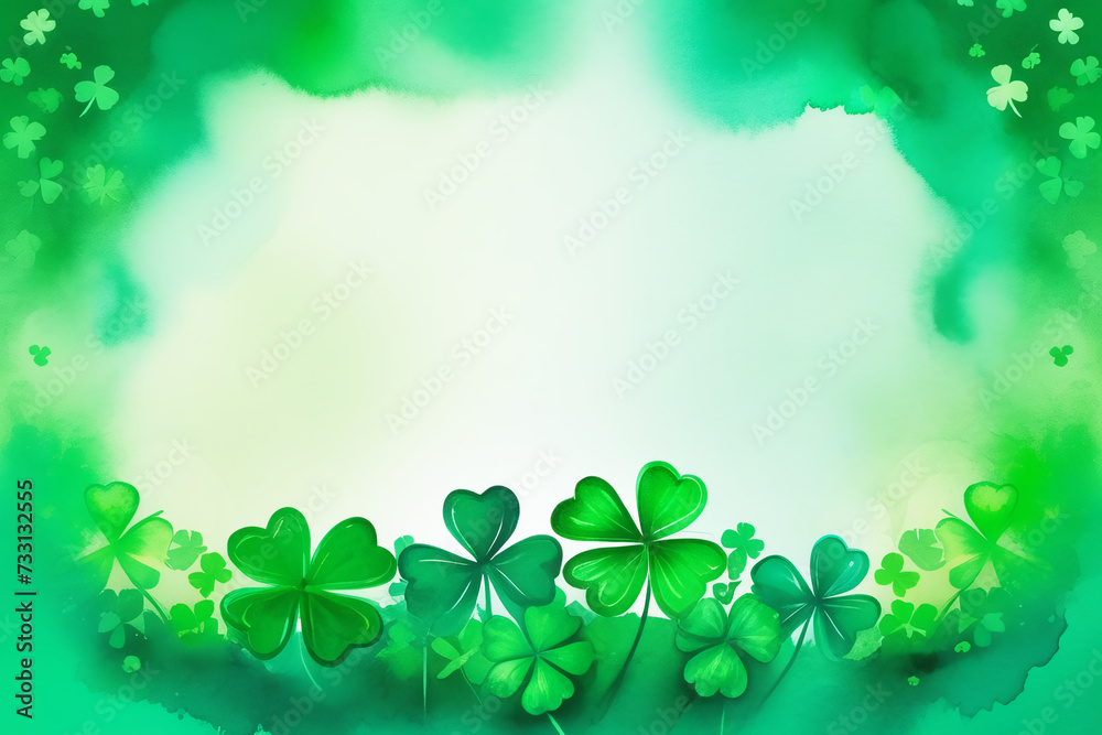 Background with shamrock and clover painted in watercolor. Patrick's Day background, party Invitation Design, template. Space for text in the center. Background with shamrock and clover painted in watercolor. Patrick's Day background, party Invitation Design, template. Space for text in the center.
