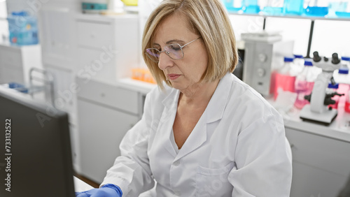 Mature woman scientist working in a laboratory with microscope and computer