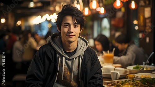 A candid image of a Japanese male model enjoying a bowl of ramen at a street food stall, captured by a handheld HD camera, showcasing his relaxed attitude and fashionable attire