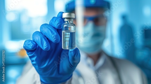 Blurred photo of a doctor in a mask, white coat and protective gloves holds the medicine in a glass ampoule. The blurred image captures a doctor's vital role in healthcare.