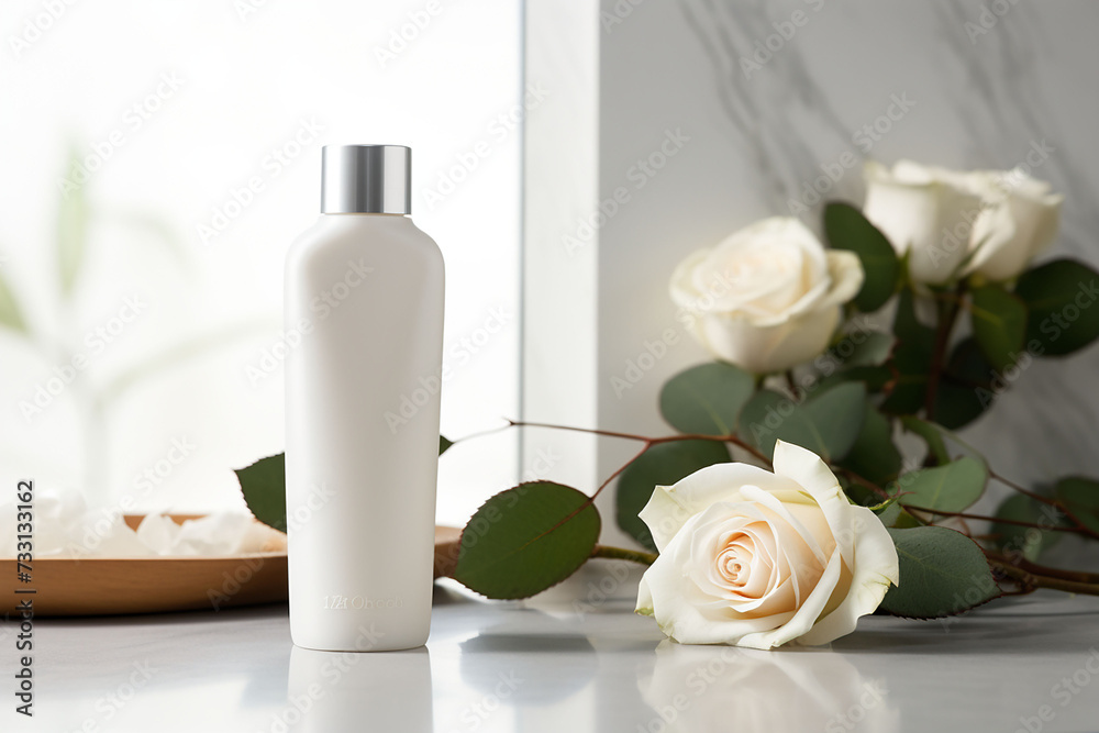 A cosmetic bottle product for skin care white mockup. rose natural cosmetics. AI A cosmetic bottle product for skin care white mockup. rose natural cosmetics. AI