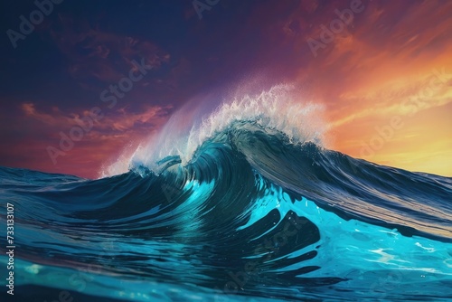 Capturing Dusk Serenity Artistic Rendering of a Turquoise Ocean Wave with Stunning Sunset Backdrop