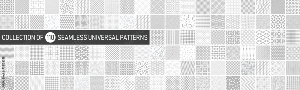 Big collection of vector seamless geometric minimalistic patterns in different styles. Monochrome repeatable unusual backgrounds. Endless gray and white prints, modern textile textures