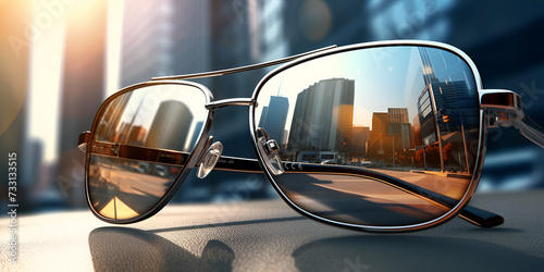 Sunglasses with reflection city glass. Selective focus. city background