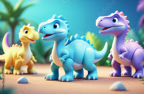 Three cute little dinosaurs on a lawn with bright flowers and shrubs. A toy good-natured dragon. © Galina