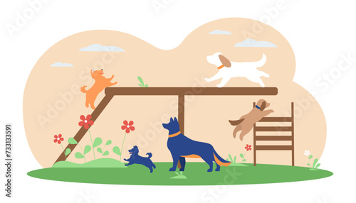 Dogs and puppies playing in playground vector illustration. National puppy day banner design. Domestic animal, caring for pets concept 