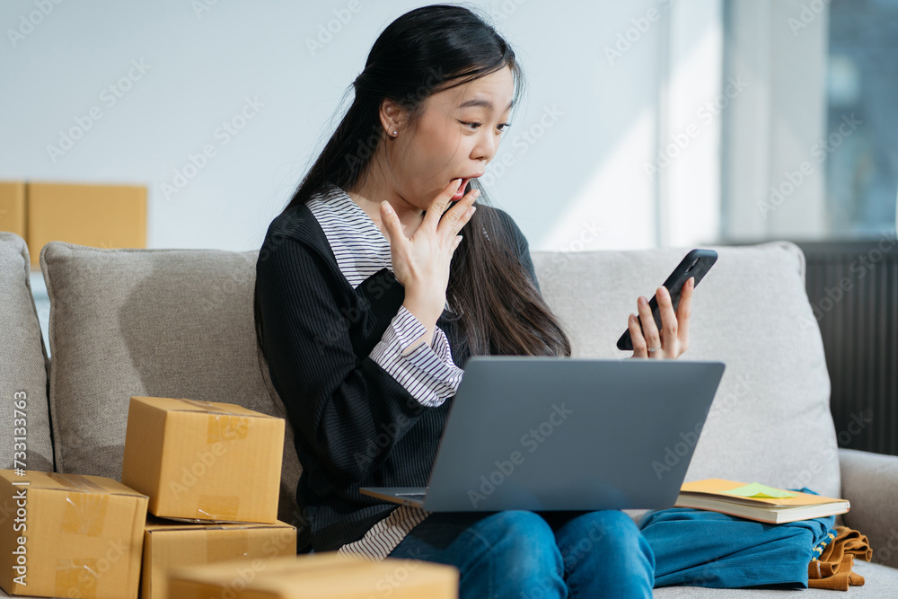 Happy businesswoman smiling at sales success after checking profits from home online store, concept of online commerce and e-commerce. Happy businesswoman smiling at sales success after checking profits from home online store, concept of online commerce and e-commerce.