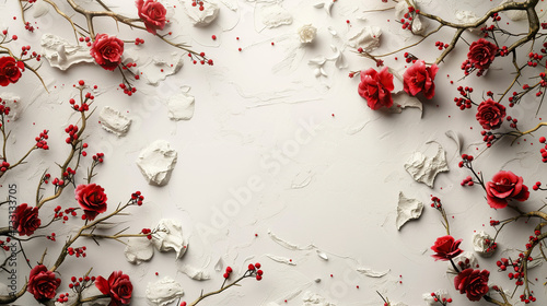 wedding card round frame with small delicate red  flowers on white textured background. wedding cards, bridal shower or other party invitation cards, Place for text. Flat lay, top view.  © Mahnoor