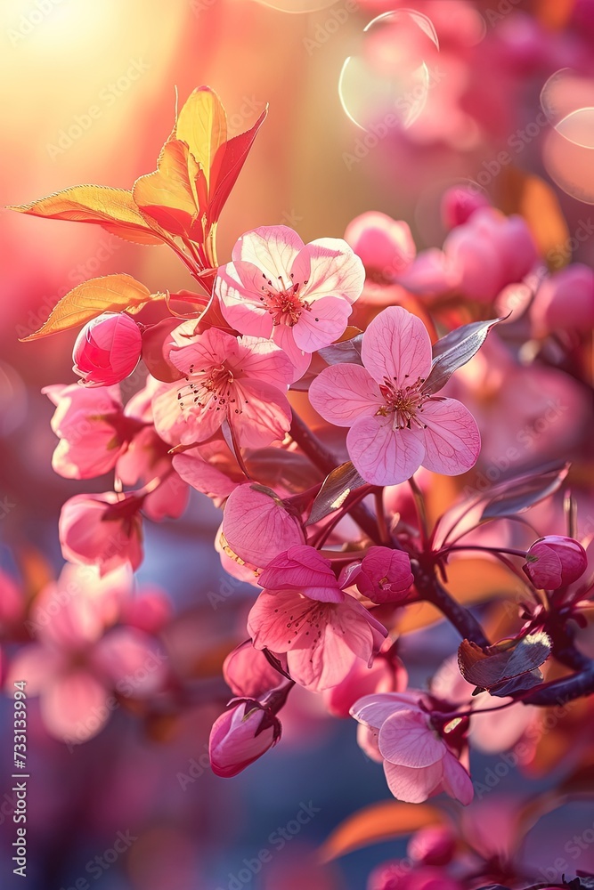 Sunny springtime background with flowering tree branch. Vibrant pink blooms transform the landscape, signaling the arrival of spring and the promise of new beginnings.