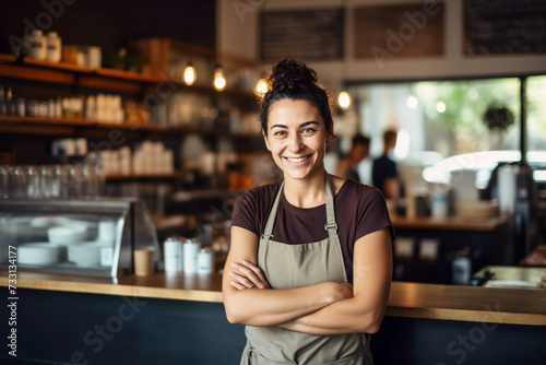 Attractive young woman at the counter in a coffee shop smiles affably and looks at the camera. Woman barista in the workplace.