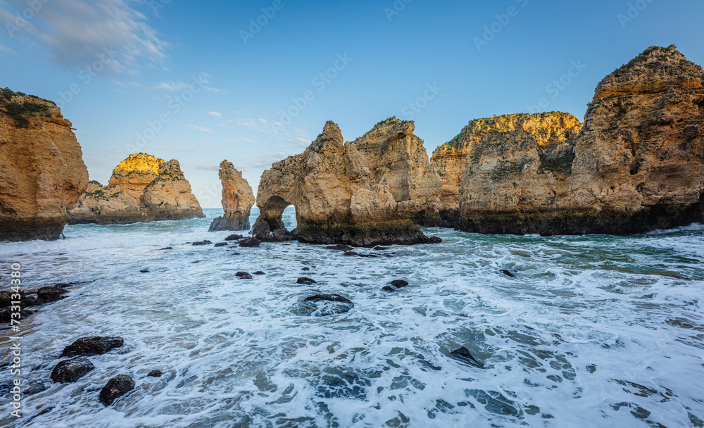 Steep cliffs and seastacks at the rocky Algarve coast, Portugal